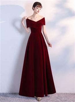 Picture of Wine Red Color Long Party Dresses Velvet Evening Dresses, A-line Off Shoulder Formal Dresses